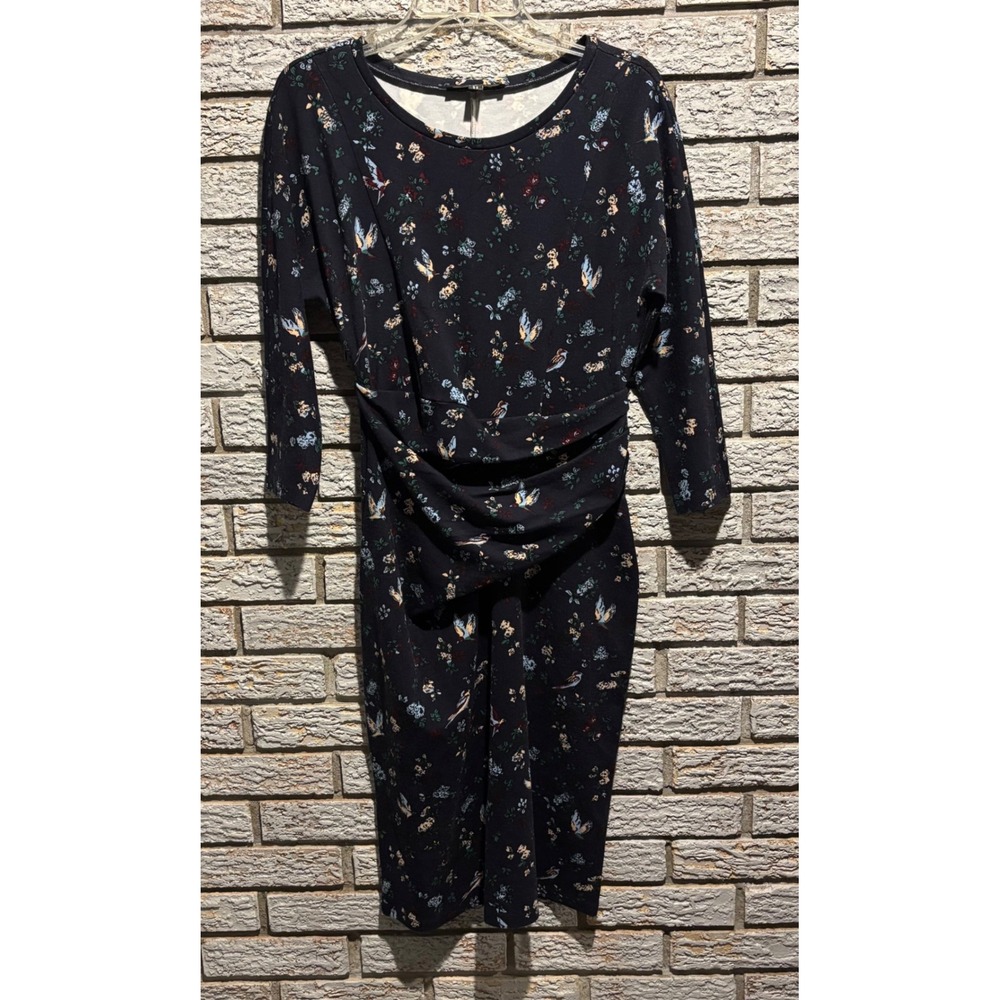 Weekend Max Mara Floral Bird Jersey Sheath Dress Navy Blue 3/4 Sleeve Large